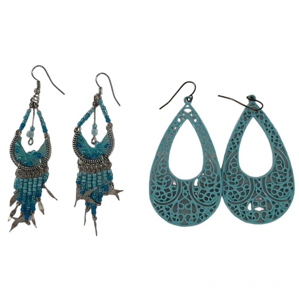 Earrings Turquoise Beaded Filigree Silver Bohemian Boho Dangling Two Pai…